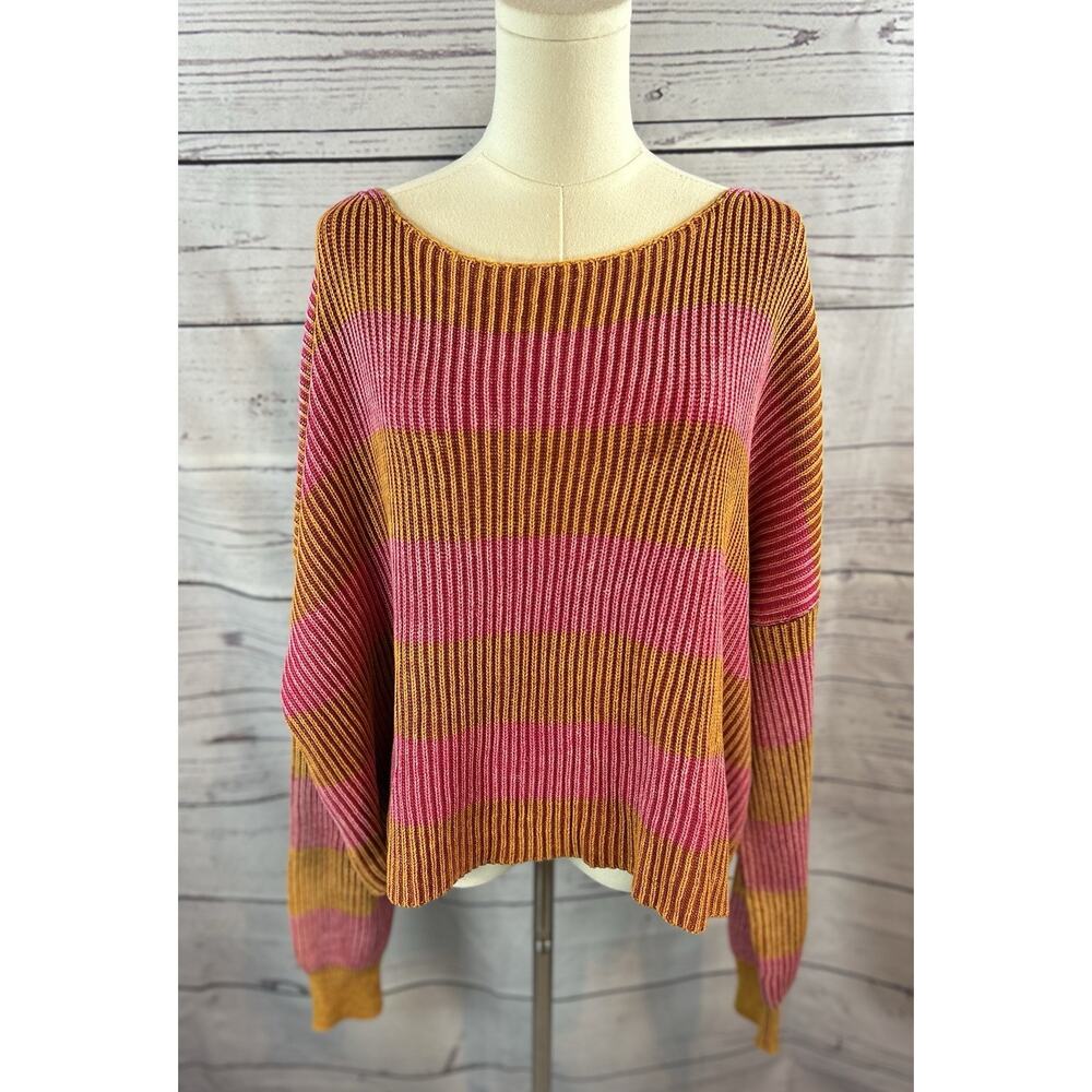 Free People Just My Stripe Sweater Womens Large Pink Orange Cotton Oversized